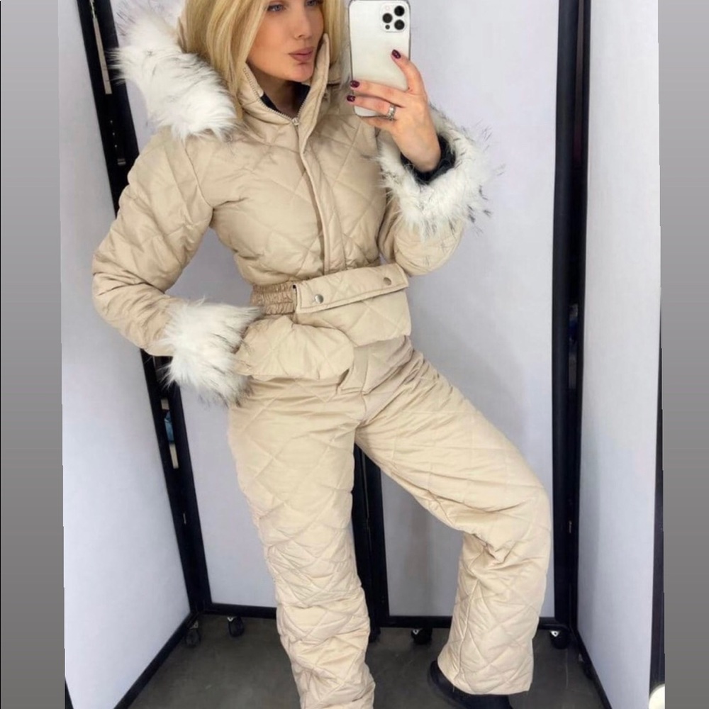 One piece snow jumpsuit.